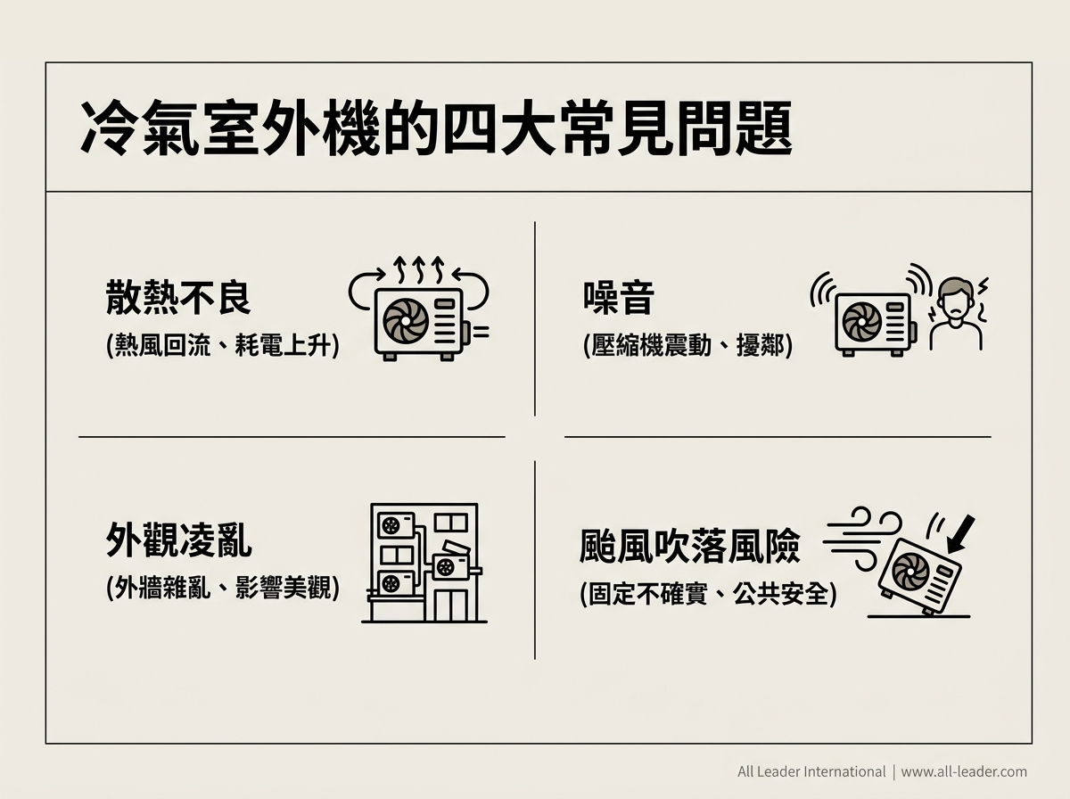 冷氣室外機的四大常見問題:散熱不良、噪音、外觀凌亂、颱風吹落風險