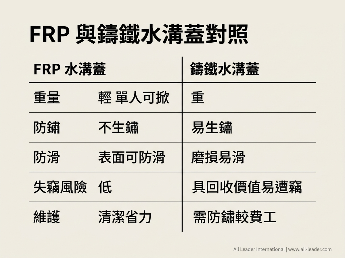 FRP 與鑄鐵水溝蓋社區情境對照:重量、防鏽、防滑、失竊風險、維護