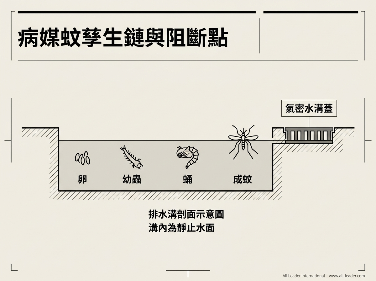 病媒蚊在排水溝靜水面產卵的孳生鏈,與氣密水溝蓋的阻斷點