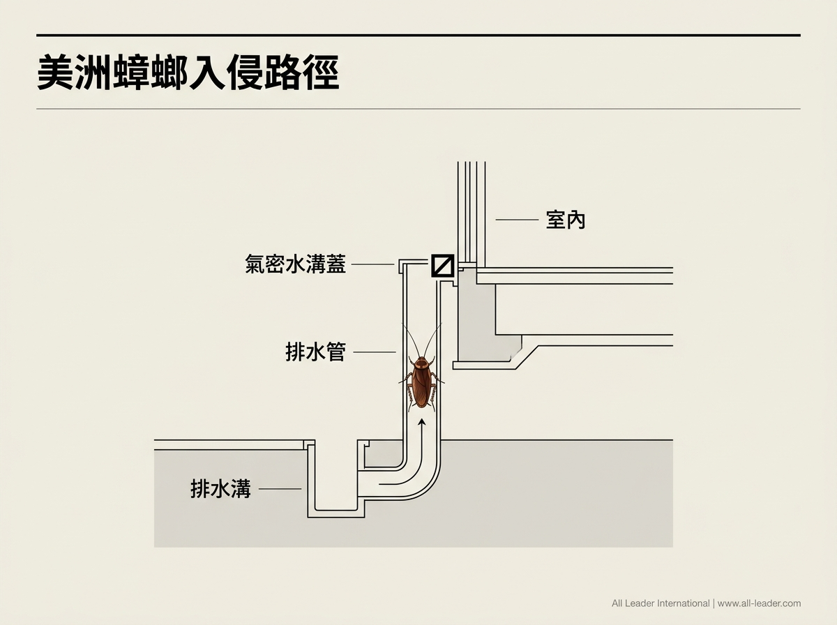 美洲蟑螂經排水溝與管道上爬進建物的入侵路徑,與氣密水溝蓋的阻斷點