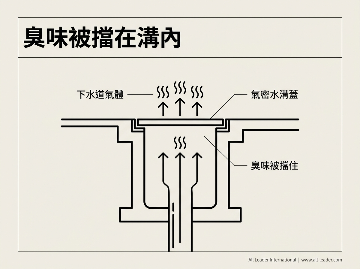 水溝臭味來自下水道氣體上竄,氣密水溝蓋把異味擋在溝內