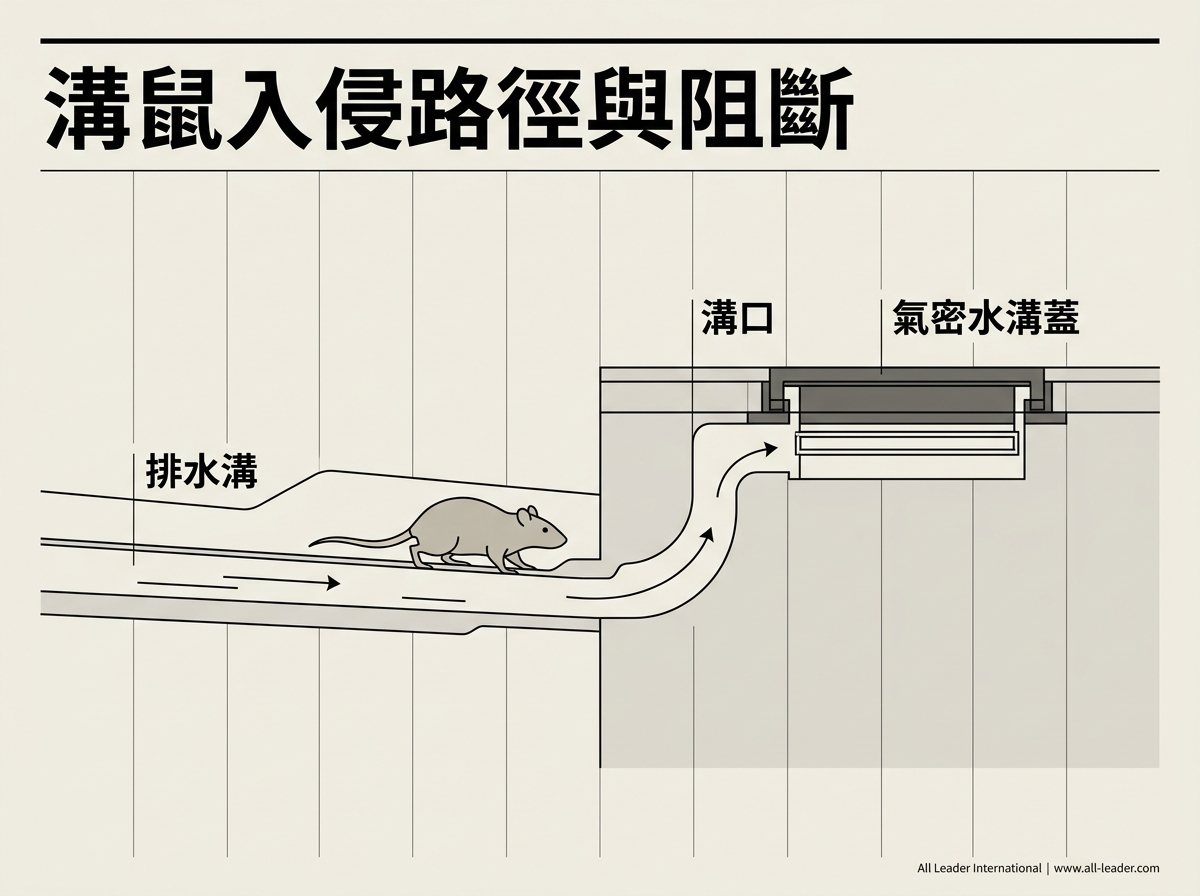 溝鼠沿排水溝移動、從溝口與縫隙鑽出地面的路徑,與封閉式氣密水溝蓋的阻斷點