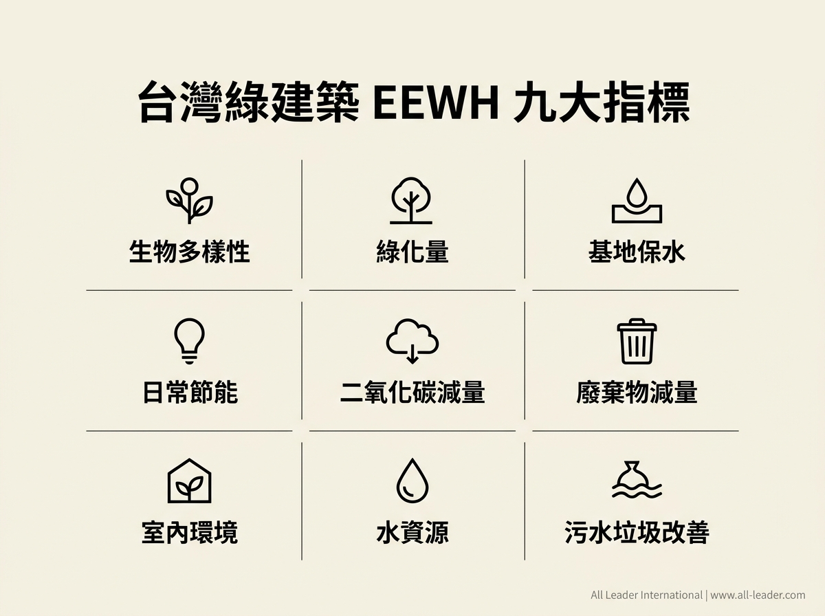 台灣綠建築 EEWH 九大指標:生物多樣性、綠化量、基地保水、日常節能、二氧化碳減量、廢棄物減量、室內環境、水資源、污水垃圾改善