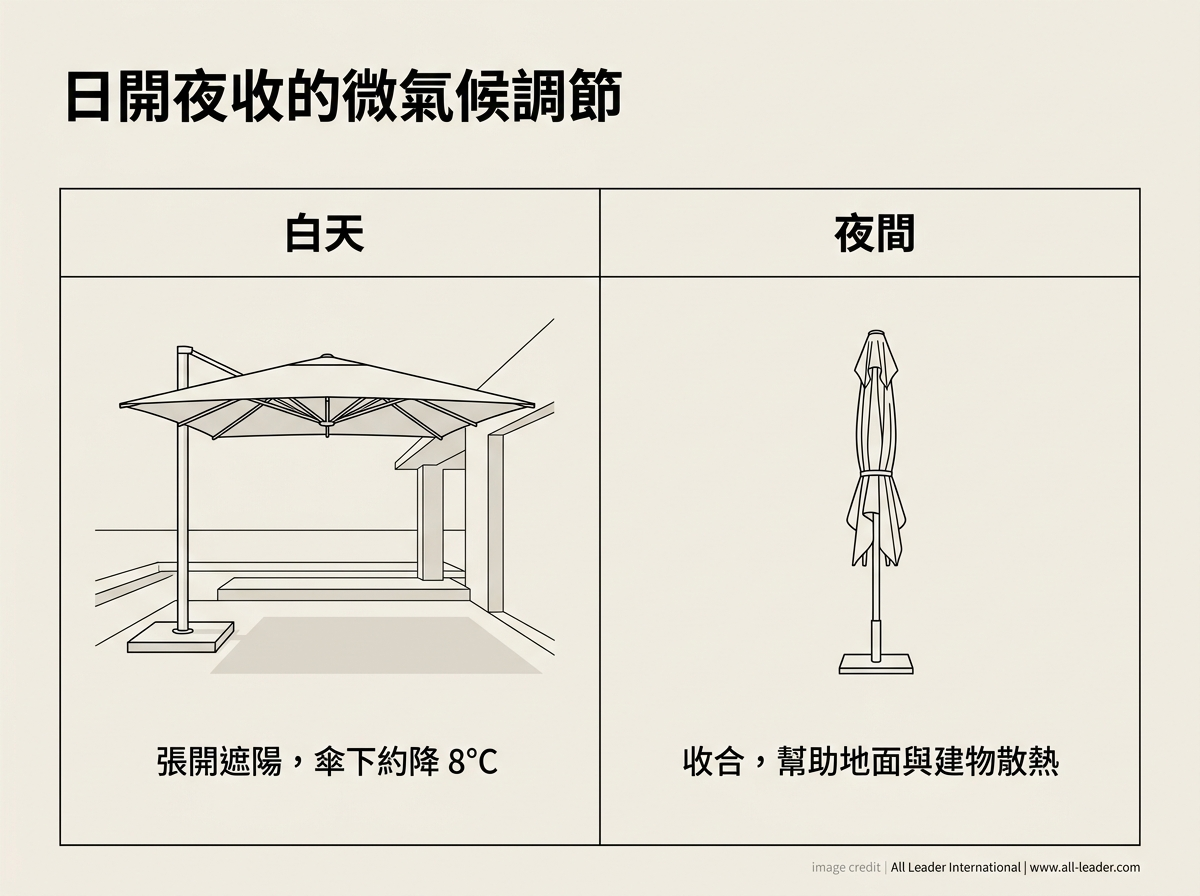 麥地那巨傘遮陽降溫與日開夜收的微氣候調節