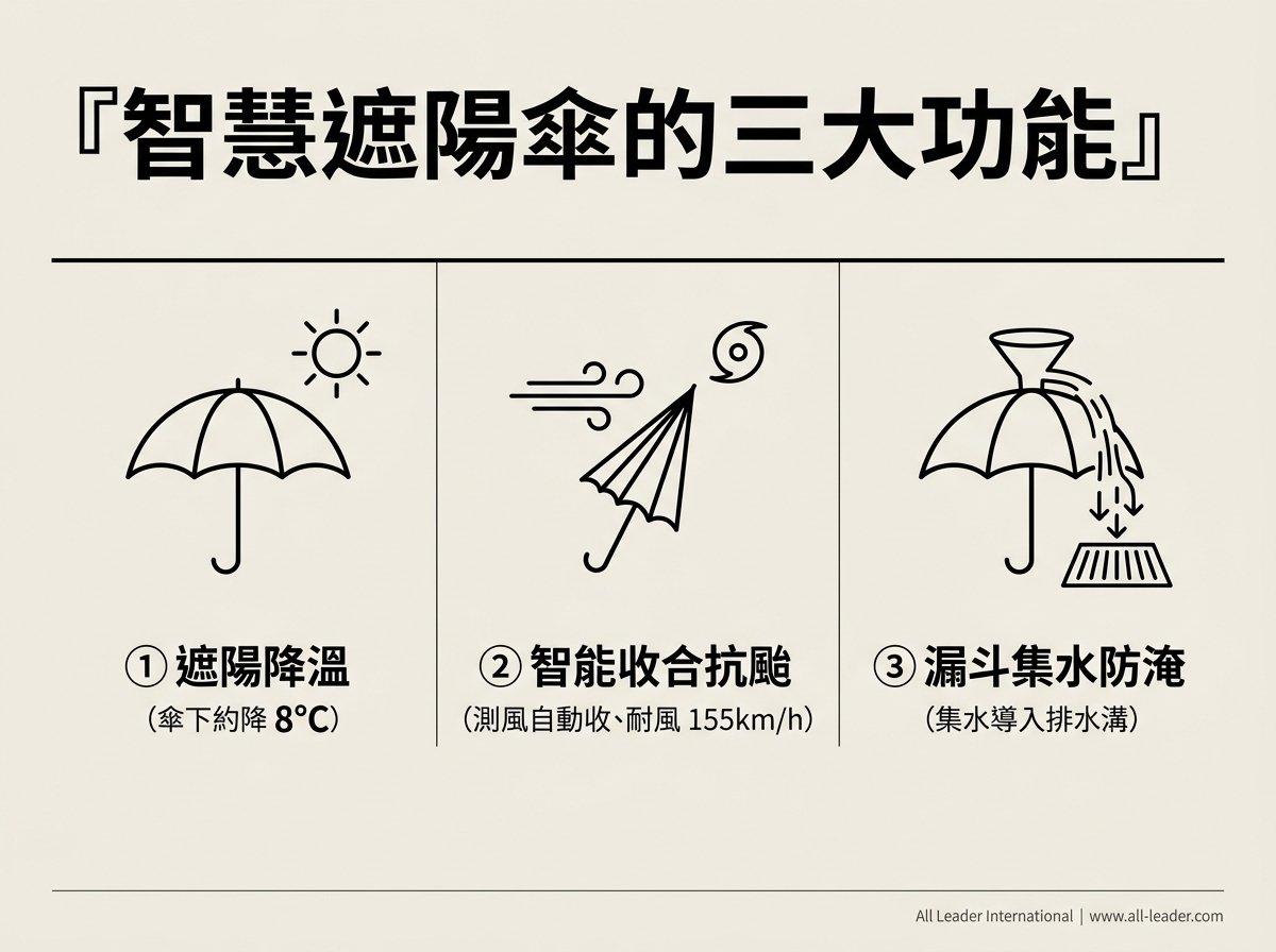 智慧遮陽傘的三大功能:遮陽降溫、智能收合、漏斗集水