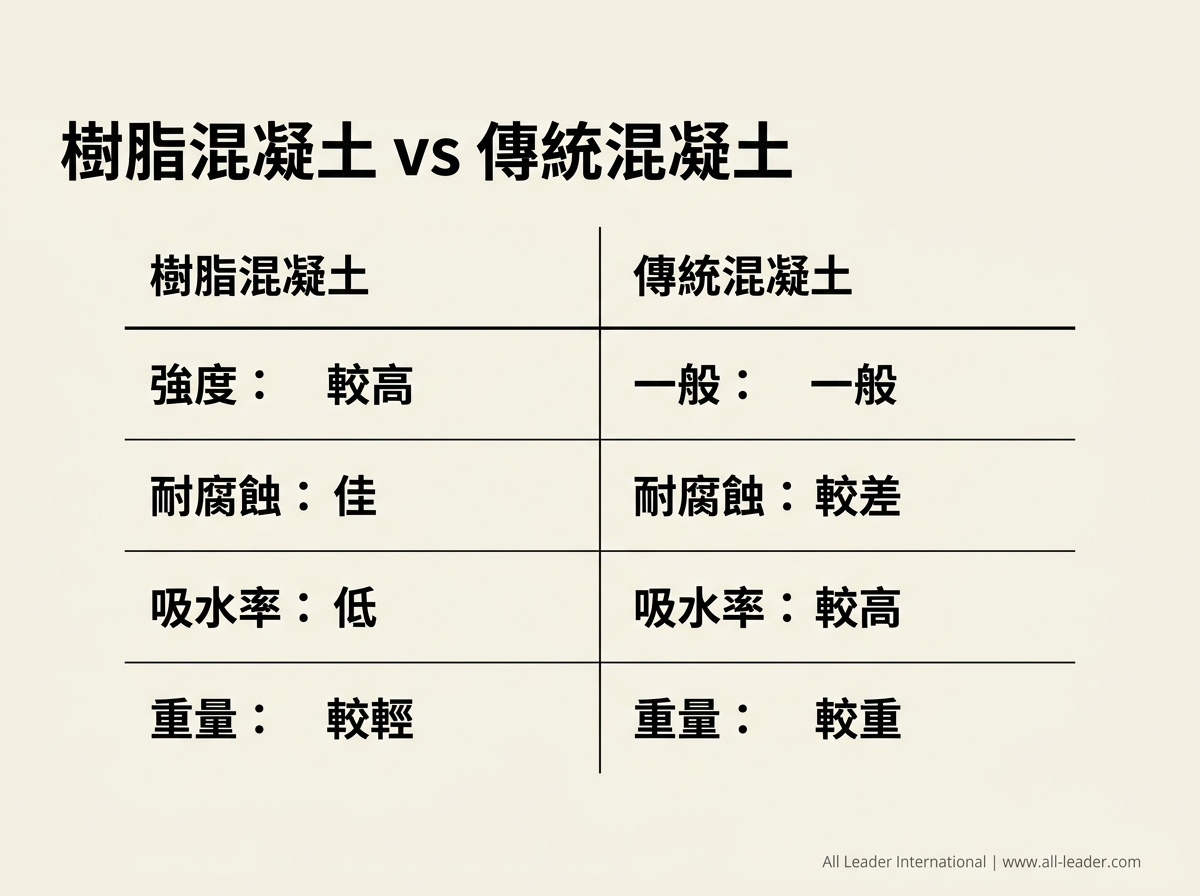 樹脂混凝土排水溝與傳統混凝土排水溝的強度、耐腐蝕、吸水率與重量定性比較