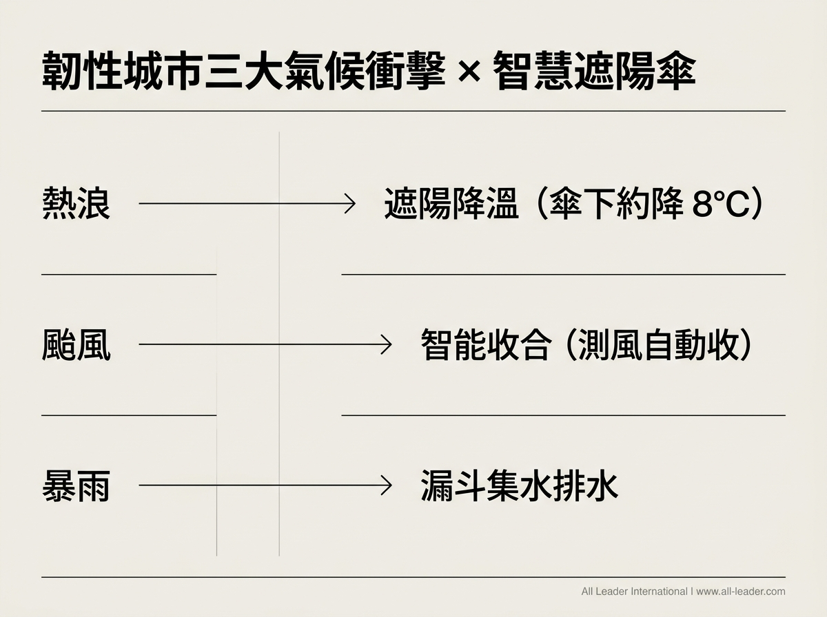 韌性城市三大氣候衝擊與智慧遮陽傘的對應