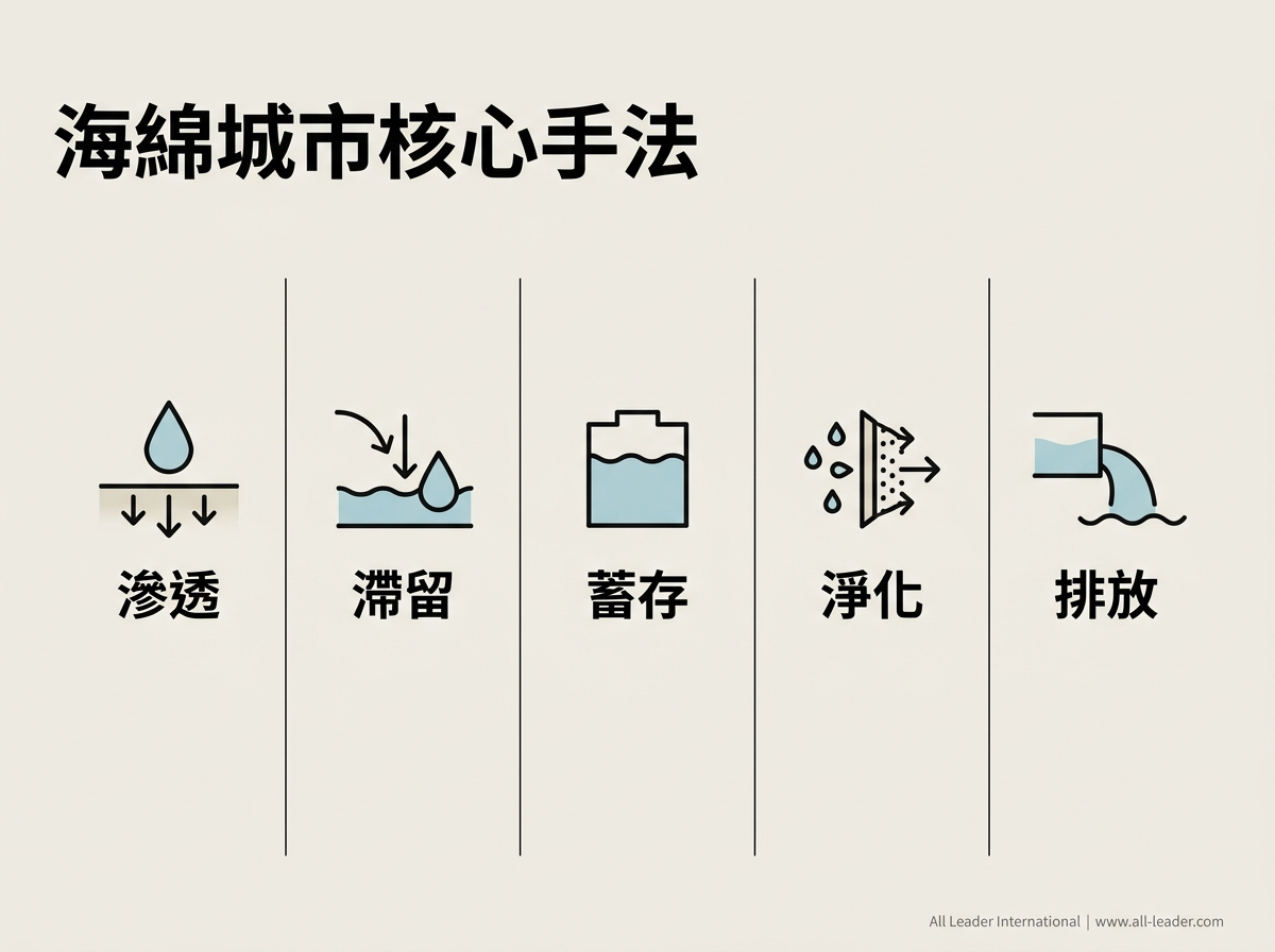 海綿城市的五個核心手法:滲透、滯留、蓄存、淨化、排放,各自對應不同設施