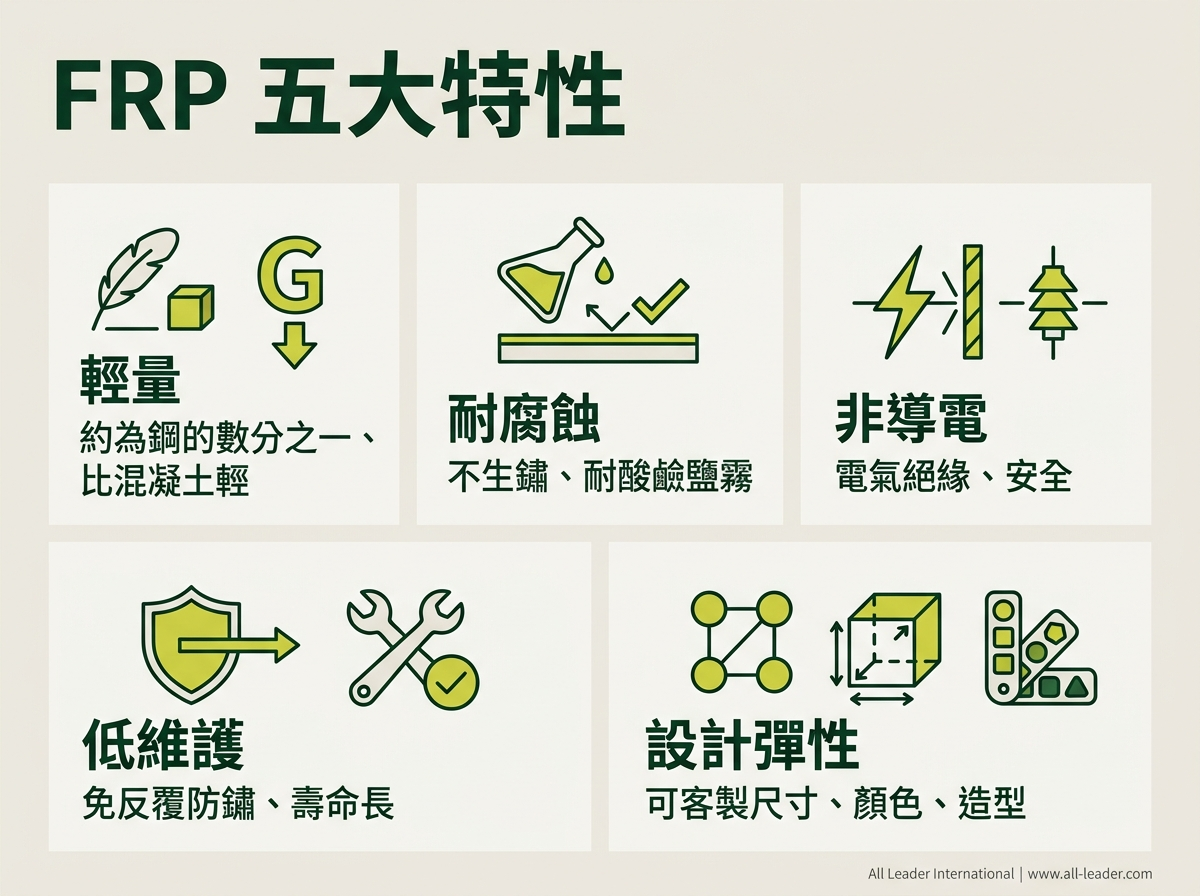FRP 五大特性:輕量、耐腐蝕、非導電、低維護、設計彈性