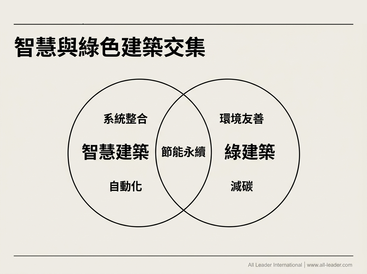 智慧建築與綠建築的關係與交集:智慧化管理、環境友善,兩者在節能永續處重疊