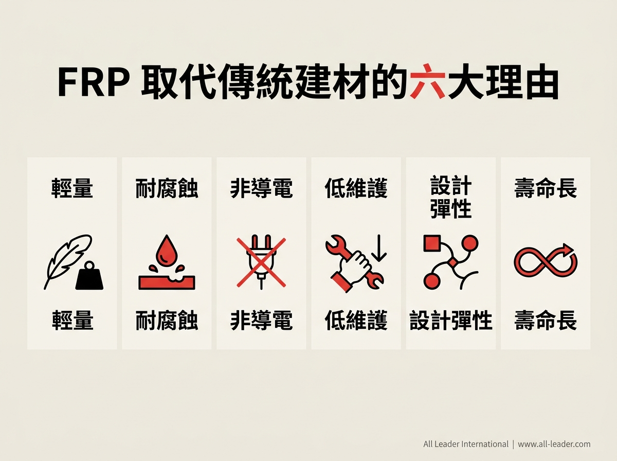 FRP 取代傳統建材的六大理由:輕量、耐腐蝕、非導電、低維護、設計彈性、壽命長