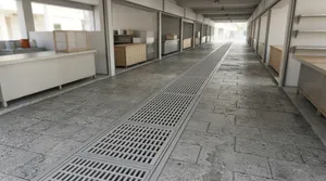 市場走道中央的長條格柵排水溝